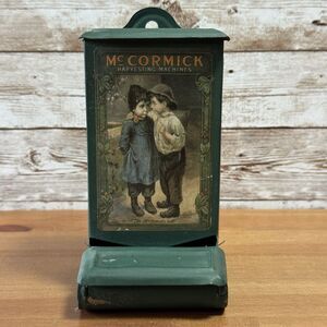 Vintage McCormick Harvesting Machines Metal Tin MatchBox Wall Holder Children